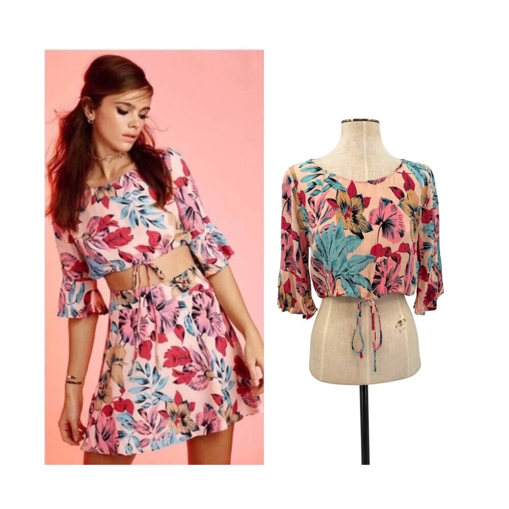 For Love & Lemons Tropical Floral Drawstring Crop Top Pink Multi Size Medium